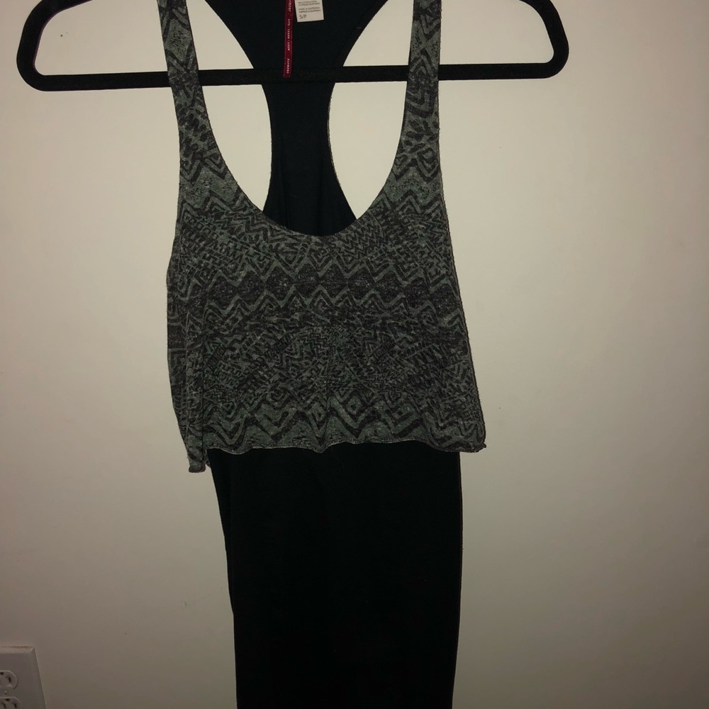 Grey flowy top black dress